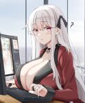  1girl ? adobe_photoshop bangs black_choker blonde_hair blush breasts choker cleavage commentary_request girls&#039;_frontline hair_ornament highres huge_breasts indoors jewelry kar98k_(girls&#039;_frontline) keenh keyboard_(computer) long_hair long_sleeves looking_at_viewer looking_to_the_side monitor parted_lips pink_eyes ring solo white_hair 