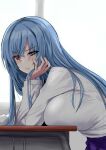  1girl :t annoyed binkan_argento blue_hair breast_rest breasts breasts_on_table chair closed_mouth desk frown hand_on_own_cheek hand_on_own_chin hand_on_own_face head_rest highres indoors large_breasts long_hair long_sleeves looking_at_viewer original pout red_eyes shirt simple_background sitting solo table upper_body v-shaped_eyebrows white_background wooden_table 