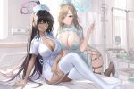  2girls alternate_costume asuna_(blue_archive) bed black_hair blonde_hair blue_archive blue_eyes bottle breasts cleavage closed_mouth commentary dark-skinned_female dark_skin dress garter_straps hair_ribbon halo hat highres holding holding_syringe hospital hospital_bed infirmary intravenous_drip iv_stand karin_(blue_archive) large_breasts leaning_on_object long_hair looking_at_viewer mole mole_on_breast multiple_girls nurse nurse_cap parted_lips pdxen pillow privacy_screen ribbon short_dress short_sleeves shrug_(clothing) sitting skindentation smile symbol-only_commentary syringe thighhighs thighs very_long_hair white_ribbon white_thighhighs yellow_eyes 