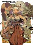  1girl bare_shoulders breasts curled_horns earrings flask green_hair hair_ornament hair_stick highres horns japanese_clothes jewelry kimono large_breasts long_hair looking_at_viewer makenevemoiine multicolored_hair multicolored_horns one_piece oni red_horns rope shimenawa sleeveless smile solo white_hair yamato_(one_piece) 