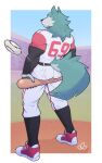  absurd_res anthro ball baseball_(ball) baseball_bat baseball_uniform bat_(object) blue_body blue_fur brand_new_animal butt canid canine canis clothed clothing fur hi_res holding_object looking_back male mammal muscular muscular_anthro muscular_male ni_draw rear_view shirou_ogami solo sportswear sportwear studio_trigger uniform wolf 