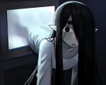  1girl bangs black_eyes black_hair collarbone dress hair_over_one_eye highres indoors justadrian_(yoadriandk) licorice_(justadrian) long_hair looking_at_viewer monitor open_mouth original pointy_ears red_eyes solo television through_screen white_dress 