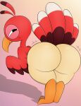  absurd_res ambiguous_gender avian beak bedroom_eyes big_butt bird blush butt feathers feral galliform hi_res jiggling miitopia narrowed_eyes nintendo phasianid presenting presenting_hindquarters red_body red_feathers seductive shadow simple_background smile smirk solo tail_feathers talons turkey twerkey video_games wings zinzoa 