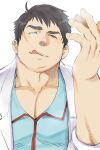  1boy arima_mineaki arm_up bara blue_eyes blue_shirt brown_eyes brown_hair cutiebell glowing glowing_eye heterochromia highres labcoat large_pectorals licking_lips male_focus muscular muscular_male pectoral_cleavage pectorals shirt short_hair sideburns simple_background smile solo teeth thick_eyebrows tokyo_afterschool_summoners tongue tongue_out upper_body upper_teeth white_background 
