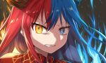 1girl angry bangs blue_eyes blue_fire blue_hair blue_horns bright_pupils clenched_teeth close-up commission commissioner_upload dragon_girl dragon_horns dress fiery_background fire heterochromia highres horns inferna_dragnis long_hair looking_at_viewer necktie non-web_source orange_eyes original red_hair red_horns solo standing teeth usagi1923 white_pupils 