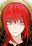  1girl bangs braid braided_ponytail chainsaw_man dark_background expressionless halo head_only highres long_hair looking_at_viewer makima_(chainsaw_man) red_hair sailen0 sidelocks solo two-tone_background yellow_eyes 