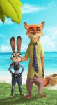  2016 anthro basket beach bottomwear canid canine clothing container digital_media_(artwork) disney duo female fox front_view grass hi_res judy_hopps lagomorph leaf leporid looking_at_viewer male mammal nayolfa necktie nick_wilde pants picnic_basket plant police_badge police_officer police_uniform rabbit sea seaside shirt signature standing topwear uniform water zootopia 