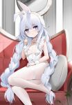  1girl animal_ear_fluff animal_ears azur_lane bare_arms bare_shoulders belt black_choker blue_eyes blush braid breasts choker couch cross-shaped_pupils fake_animal_ears feet foot_out_of_frame frills hand_on_own_thigh hand_up highres le_malin_(azur_lane) le_malin_(listless_lapin)_(azur_lane) leotard long_hair looking_at_viewer no_shoes official_alternate_costume on_couch pantyhose pillow plant playboy_bunny qing_wu rabbit_ears sitting small_breasts solo thigh_strap thighs twin_braids very_long_hair white_belt white_hair white_leotard white_pantyhose white_wrist_cuffs wrist_cuffs 