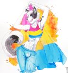  abstract_background akatan_art anthro black_body black_fur blue_bottomwear blue_clothing blue_eyes blue_topwear bottomwear bulge canid canine canis cheek_tuft clothed clothing domestic_dog facial_tuft flag front_view fur glistening glistening_eyes grey_body grey_fur hair hi_res lgbt_pride looking_at_viewer male mammal midriff neck_tuft open_mouth open_smile pansexual_pride_colors pink_clothing pink_topwear portrait pride_colors short_hair signature smile solo standing three-quarter_portrait topwear traditional_media_(artwork) tuft white_body white_fur white_hair yellow_clothing yellow_topwear 