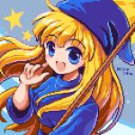  1girl :d blonde_hair blue_background blue_eyes blue_headwear hiroita long_hair long_sleeves looking_at_viewer lowres open_mouth pixel_art puyopuyo signature smile solo star_(symbol) upper_body witch_(puyopuyo) 