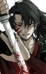  1boy black_hair blood blood_on_face blood_on_weapon chungmyung gin_(euneunun) highres holding holding_sword holding_weapon korean_commentary long_hair looking_at_viewer male_focus open_mouth ponytail portrait red_eyes return_of_the_mount_hua_sect solo sword teeth weapon white_background 