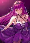  1girl breasts cleavage closed_eyes collar dress earrings fate/grand_order fate_(series) gloves gradient gradient_background hair_ribbon jewelry large_breasts light_blush long_hair purple_dress purple_hair purple_ribbon ribbon scathach_(fate) scathach_skadi_(fate) smile solo strap tiara 