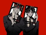  ._(pixiv35127496) 2boys bangs black_hair black_suit blood book chrollo_lucilfer closed_mouth collared_shirt cross dress_shirt earrings facial_mark forehead_mark formal half-closed_eyes hand_up hands_up highres hisoka_morow holding holding_book hunter_x_hunter iei jewelry jitome long_sleeves looking_at_viewer male_focus multiple_boys open_book outstretched_arm parted_bangs red_background red_hair shirt short_hair side-by-side simple_background smile star_(symbol) star_print suit tongue tongue_out upper_body v white_shirt 