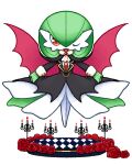  bat_wings chandelier chibi costume dress flower gardevoir green_hair halloween halloween_costume highres jewelry muguet no_feet one_eye_closed pokemon red_eyes rose smile vampire_costume wings 