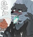  ambiguous_gender anthro biped bodily_fluids canid canine canis clothing dessert dialogue domestic_dog fangs food grey_body hi_res holding_mouth_open ice_cream male mammal open_mouth simple_background sincastermon speech_bubble sweat teal_eyes text url white_background 