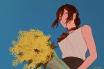  1girl artist_name black_choker black_hair black_shorts blue_background bouquet breasts chainsaw_man champi choker flower hair_between_eyes hair_bun hair_ribbon highres holding holding_bouquet leaf looking_to_the_side marigold medium_breasts medium_hair reze_(chainsaw_man) ribbon shorts simple_background single_hair_bun sleeveless solo yellow_flower 