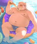  2022 absurd_res anthro belly big_belly detailed_background domestic_pig eating food hi_res humanoid_hands huynhduyad14 male mammal moobs navel nipples outside overweight overweight_male pizza pizza_slice solo suid suina sus_(pig) 