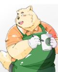  2022 anthro apron belly black_nose blush bottomwear canid canine canis clothing domestic_dog ginsingoo1 humanoid_hands kemono male mammal overweight overweight_male pants shirt solo topwear 