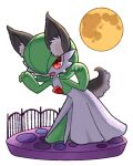  animal_ears chibi costume dress full_moon gardevoir green_hair halloween halloween_costume highres moon muguet no_feet pokemon red_eyes simple_background solo tail white_background wolf_ears 