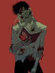  ._(pixiv35127496) 1boy absurdres bandage_over_one_eye bandaged_head bandages bangs belt black_hair black_pants bleeding blood blood_from_mouth blood_on_arm blood_on_bandages blood_on_clothes blood_on_face blood_on_hands book bruise chrollo_lucilfer collared_shirt cowboy_shot cross dress_shirt earrings facial_mark forehead_mark hair_over_one_eye hand_print hand_up head_tilt highres holding holding_book hunter_x_hunter injury jewelry long_sleeves looking_at_viewer male_focus messy_hair nosebleed one_eye_covered open_book pants parted_bangs red_background shirt shirt_half_tucked_in short_hair simple_background sleeves_rolled_up solo torn_clothes torn_sleeves white_shirt 