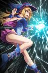  1girl blonde_hair blue_footwear blue_headwear breasts dark_magician_girl duel_monster hat hexagram highres kaede_nagisa large_breasts long_hair looking_at_viewer nail_polish open_mouth pentacle pentagram pink_nails solo staff wand wizard_hat yu-gi-oh! 