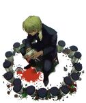  ._(pixiv35127496) 1boy bangs black_footwear black_jacket black_necktie black_pants black_suit blonde_hair blood blood_splatter blurry broken collared_shirt depth_of_field eyeball flower formal from_above full_body grey_rose highres hunter_x_hunter jacket kurapika long_sleeves looking_at_viewer looking_up male_focus necktie pants petals red_eyes red_flower red_rose rose shards shirt shoes short_hair simple_background sitting solo stool suit tube white_background white_shirt 