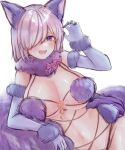  1girl absurdres animal_ears bangs bow breasts claw_pose cleavage fang fate/grand_order fate_(series) hair_over_one_eye highres huge_breasts looking_at_viewer lying mash_kyrielight mash_kyrielight_(dangerous_beast) navel on_side open_mouth purple_bow purple_eyes purple_hair q_(f72637285) simple_background smile solo stomach white_background 