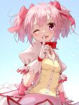  1girl blue_background breasts dress finger_to_mouth gloves hair_ribbon highres kaname_madoka magical_girl mahou_shoujo_madoka_magica neck_ribbon one_eye_closed open_mouth pink_dress pink_eyes pink_hair pink_ribbon puella_anko puffy_short_sleeves puffy_sleeves red_ribbon ribbon short_hair short_sleeves short_twintails shushing small_breasts smile solo twintails upper_body white_gloves 