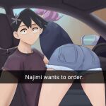  1boy 1other ass car_interior closed_mouth denim denim_shorts drive-thru english_text he_wants_to_order_(meme) highres komi-san_wa_komyushou_desu looking_at_viewer lying_on_person meme osana_najimi_(komi-san_wa_komyushou_desu) reqqles selfie shirt short_hair shorts snapchat steering_wheel tadano_hitohito 