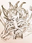  1girl ;d animal_ears braid cat_ears cat_tail kaenbyou_rin looking_at_viewer menotama monochrome multiple_tails nekomata one_eye_closed pov simple_background skeleton smile tail touhou traditional_media twin_braids two_tails white_background 