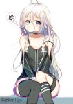  1girl :t ahoge aties20 bangs bare_shoulders between_legs black_camisole black_socks black_thighhighs blue_eyes blush camisole closed_mouth commentary_request feet_out_of_frame hair_between_eyes hand_between_legs ia_(vocaloid) kneehighs looking_at_viewer pink_skirt pleated_skirt sitting skirt socks solo spoken_squiggle squiggle strap_slip thigh_strap thighhighs vocaloid white_background white_hair 