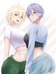  2girls :d ahoge ass azur_lane bangs bataan_(azur_lane) bellona_(azur_lane) black_shirt blonde_hair blue_eyes blue_shirt blue_shorts cowgirl_position crop_top green_pants hair_between_eyes highres jakqbigone long_sleeves looking_at_viewer midriff multiple_girls navel open_mouth pants purple_eyes purple_hair shirt short_hair short_shorts short_sleeves shorts smile standing stomach straddling white_shirt 