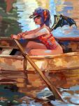  amibazh bat_wings blue_hair boat faux_traditional_media fine_art_parody impressionism lake parody parody_request red_eyes red_lips red_one-piece_swimsuit red_ribbon remilia_scarlet ribbon rowing short_hair swimsuit texture thighs touhou visor_cap watercraft wings wrist_cuffs 