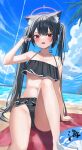  1girl absurdres animal_ear_fluff animal_ears bangs bare_legs beach bikini black_bikini black_hair blue_archive blue_ribbon blue_sky blush cloud day fang hair_ribbon halterneck highres knee_up long_hair looking_at_viewer navel official_alternate_costume open_mouth outdoors red_eyes ribbon serika_(blue_archive) serika_(swimsuit)_(blue_archive) sitting skin_fang sky solo stomach swimsuit twintails very_long_hair whitebc 