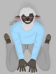  absurd_res anthro blush bovid caprine clothed clothing fluie fur hair hi_res hooves looking_at_viewer male mammal sheep shepeh sitting smile solo wool_(fur) 