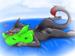  &lt;3 anthro duo fur goo_creature green_slime grey_body grey_fur hearts_around_head hi_res intersex intersex/male kane_(kane_koiter) licking male male/male riron_(riron_blep) riron_blep sergal smile squish tongue tongue_out 