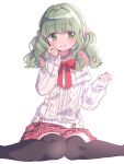  1girl aran_sweater bangs black_thighhighs blunt_bangs blush brown_scarf cable_knit clenched_hand clenched_hands closed_mouth cross-laced_clothes dot_nose feet_out_of_frame fur_scarf futaba_sana futaba_sana_(winter_costume) green_eyes green_hair hand_on_own_cheek hand_on_own_face hand_up highres knees_together_feet_apart looking_at_viewer low_twintails magia_record:_mahou_shoujo_madoka_magica_gaiden mahou_shoujo_madoka_magica medium_hair miniskirt neck_ribbon official_alternate_costume paru_rari plaid plaid_skirt red_ribbon red_skirt ribbon scarf scrunchie sidelocks simple_background sitting skirt sleeves_past_wrists smile solo split_mouth sweater thighhighs twintails twitter_username wavy_hair white_background white_sweater yellow_scrunchie zettai_ryouiki 