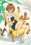  1girl animal barefoot blush brown_hair cat drink feet food happy highres ice_cream keishin legs original short_hair shorts solo summer toes 