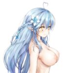  ahoge bangs blue_hair braid breasts esan_(llamaesan) flower from_side hair_flower hair_ornament heart heart_ahoge hololive large_breasts long_hair nipples nude pointy_ears sidelocks smile standing straight_hair swimsuit virtual_youtuber white_background yukihana_lamy 