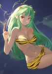  1girl animal_print bare_shoulders bikini fadingz green_hair hand_on_hip highres horns lightning long_hair lum midriff navel oni_horns pointing pointing_up pointy_ears signature solo strapless strapless_bikini swimsuit tiger_print urusei_yatsura yellow_bikini yellow_eyes 