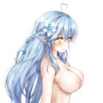  :o ahoge bangs blue_hair braid breasts esan_(llamaesan) flower from_side hair_flower hair_ornament heart heart_ahoge hololive large_breasts long_hair nipples nude pointy_ears sidelocks standing straight_hair swimsuit virtual_youtuber white_background yukihana_lamy 