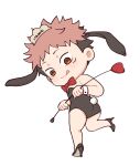  1boy animal_ears arrow_(projectile) ass black_footwear black_hair black_leotard bow bowtie brown_eyes character_name chibi closed_mouth crossdressing fake_animal_ears fake_tail full_body high_heels highres holding holding_arrow itadori_yuuji jujutsu_kaisen leotard licking_lips looking_at_viewer male_focus male_playboy_bunny pink_hair rabbit_tail red_bow red_bowtie short_hair simple_background smile solo spiked_hair standing standing_on_one_leg strapless strapless_leotard tail tongue tongue_out tootigee traditional_bowtie undercut white_background wrist_cuffs 