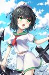  1girl anchor anchor_symbol black_hair blue_sky cloud green_eyes highres murasa_minamitsu neckerchief open_mouth outdoors red_neckerchief shirt short_hair short_sleeves shorts sky solo touhou water white_headwear white_shirt white_shorts yosshy 