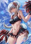  1girl abs ahoge au_ra avatar_(ff14) bangs bare_arms bare_shoulders bikini bird black_bikini blue_eyes blue_hair blue_sky braid breasts cheerleader clothes_writing cloud commission cowboy_shot curled_horns day dragon_girl dragon_horns dragon_tail final_fantasy final_fantasy_xiv flower french_braid from_side furiouzly hair_flower hair_ornament hair_stick hand_up highres holding holding_pom_poms horns lens_flare looking_at_viewer midriff navel ocean outdoors pom_pom_(cheerleading) ponytail scales seagull short_hair sideboob single_braid sky smile solo standing swimsuit tail thighs water 