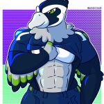  abs accipitrid accipitriform anthro avian biceps bird blitz_the_seahawk bottomwear clothed clothing clothing_lift feathers fizzyjay green_eyes grey_body grey_feathers hi_res jersey looking_aside male mascot muscular muscular_anthro muscular_male neck_tuft nfl pants pecs seattle_seahawks shirt shirt_lift smile solo topwear tuft 