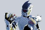  1boy absurdres armor black_bodysuit black_hair blue_eyes bodysuit commentary_request dangerous_zombie_level_x evil foreshortening grey_background heterochromia highres kamen_rider kamen_rider_ex-aid_(series) kamen_rider_genm light light_rays looking_at_viewer male_focus multicolored_bodysuit multicolored_clothes open_hand orion pov red_eyes shoulder_spikes simple_background spiked_hair spikes sunbeam sunlight upper_body white_armor white_bodysuit white_hair zombie 
