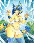 2021 akatan_art animal_crossing ankha_(animal_crossing) anthro blue_body blue_eyes blue_fur blue_hair breasts chest_wraps clothed clothing dated eyelashes fangs felid female fur glistening glistening_hair hair hi_res leaf looking_at_viewer mammal markings medium_breasts navel nintendo open_mouth open_smile portrait signature skimpy smile solo standing striped_body striped_fur striped_markings striped_tail stripes tail_markings three-quarter_portrait video_games wraps yellow_body yellow_fur 