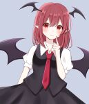 1girl absurdres bat_wings grey_background head_wings highres index_finger_raised koakuma light_smile looking_at_viewer piyoru_nico pointy_ears red_eyes red_hair shirt simple_background solo touhou upper_body wings 
