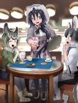  3girls absurdres black_bow black_bowtie black_hair black_mamba_(kemono_friends) blue_bow blue_bowtie boots bow bowtie brown_hair chair chinchilla_(kemono_friends) chinchilla_ears chinchilla_girl chinchilla_tail commentary_request cup degu_(kemono_friends) food fur_collar gloves green_hair green_sweater grey_hair grey_hoodie grey_pantyhose grey_shorts highres hood hood_up hoodie ice_cream kemono_friends mug multicolored_hair multiple_girls nso_mono pantyhose puffy_short_sleeves puffy_sleeves shirt short_hair short_hair_with_long_locks short_sleeves shorts sitting snake_print snake_tail sundae sweater table tail teacup tray two-tone_hoodie white_bow white_bowtie white_footwear white_fur white_gloves white_shirt 