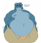  ?! anthro belly_overhang blue_body blue_fur bodily_fluids bovid caprine clothing dialogue fur goat hi_res horn male mammal moobs obese obese_anthro obese_male orange_eyes overweight overweight_anthro overweight_male scheibutts shirtless solo struggling sweat sweatdrop underwear wardrobe_malfunction 